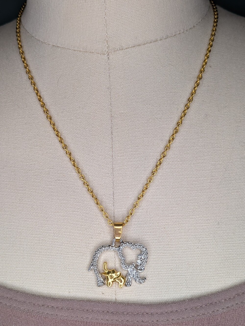 Two Tone Mother and Baby Elephant Rhinestone Pendant Necklace